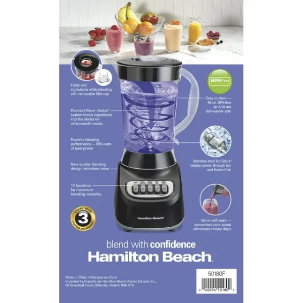 Hamilton Beach Smoothie Blender, 48 oz. Jar, 12 Blending Functions, Black, 50180F