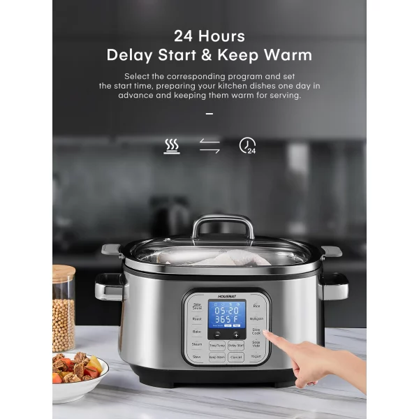 Slow Cooker, 10 in 1 Programmable Cooker, 6Qt Stainless Steel, Rice Cooker, Yogurt Maker, Delay Start, Steaming Rack and Glass Lid, Adjustable Temp&Time for Slow Cook with Digital Timer