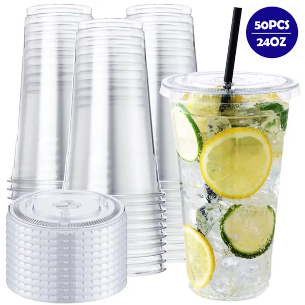 BagDream 50 Pack 24 oz Clear Plastic Cups with Lids, Disposable Clear Drink Cups with Lids for Party