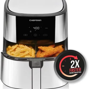 Chefman Turbo Fry Stainless Steel Air Fryer with Basket Divider, 8 Quart