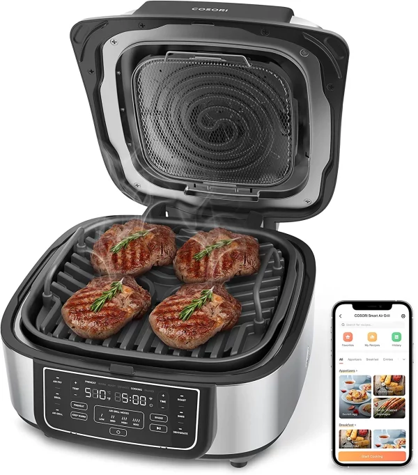 Cosori New Indoor Grill, Smart XL Air Fryer Combo Aeroblaze, 8-in-1, 6 Quart Voice Control, Black