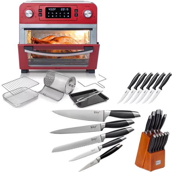 Deco Chef 24QT Countertop Toaster Air Fryer Oven with Accessories (Red) + Bonus Deco Chef 12 Piece Stainless Steel Knife Set with Storage Block