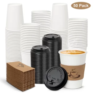 Disposable Paper Coffee Cups with Lids, Sleeve for Hot Beverages to Go Coffee Cups, 12 oz, 50 Count
