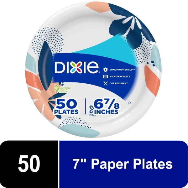 Dixie Disposable Paper Plates, Multicolor, 7 in, 50 Count