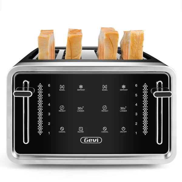 Gevi Toaster 4 Slice Toaster LED Digital Touch Screen Extra-Wide Slots Black + Silver