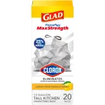 Glad ForceFlex MaxStrength with Clorox 13 Gallon Kitchen Trash Bags, Lemon Fresh Bleach, 20 Bags