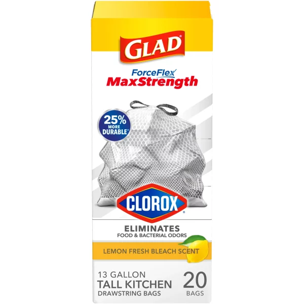 Glad ForceFlex MaxStrength with Clorox 13 Gallon Kitchen Trash Bags, Lemon Fresh Bleach, 20 Bags