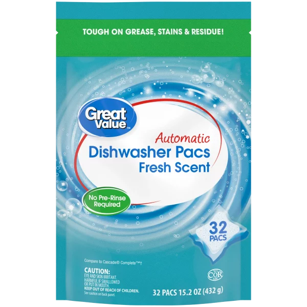Great Value Automatic Dishwasher Detergent Pods, Base Clean, Fresh Scent, 32 count