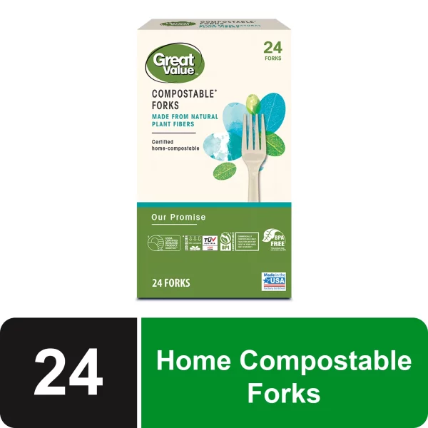 Great Value Disposable Compostable Forks, Beige, 24 Count