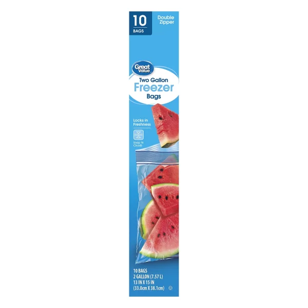 Great Value Double Zipper Freezer Bags, 2 Gallon, 10 Count