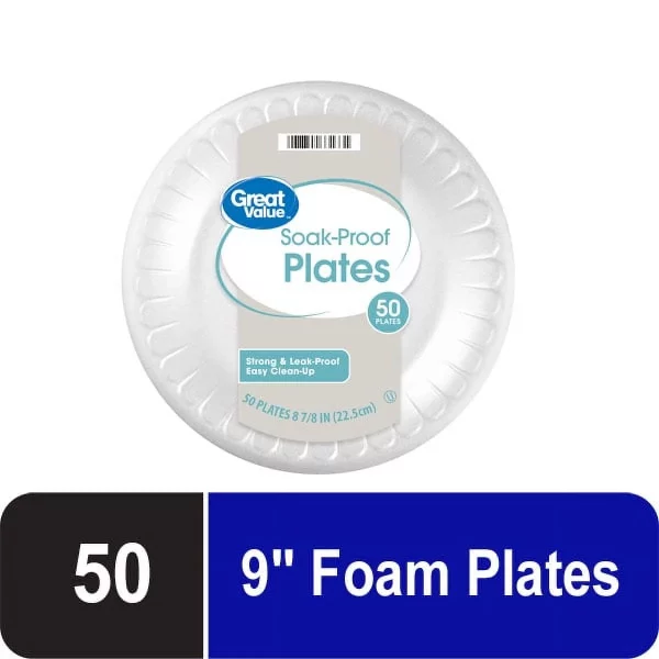 Great Value Everyday Disposable Foam Plates, 9 in, 50 ct