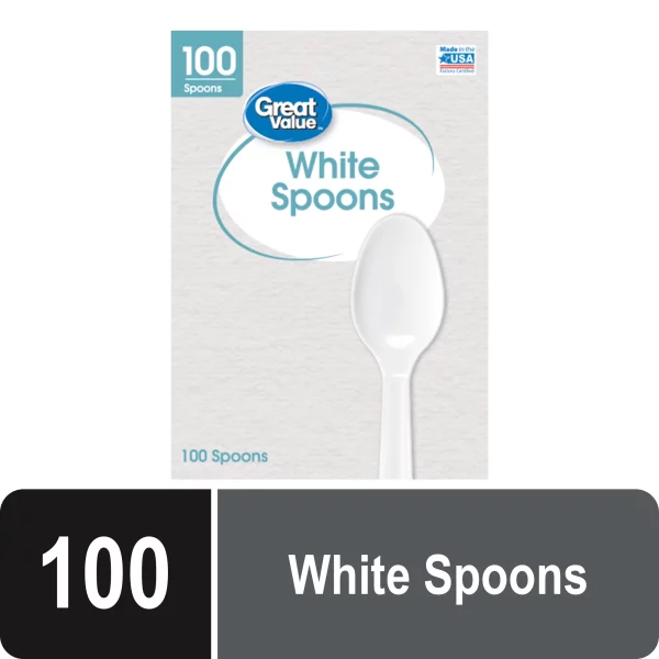 Great Value Everyday Disposable Plastic Spoons, White, 100 Count