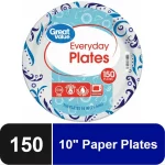 Great Value Everyday Strong, Soak Proof, Microwave Safe, Disposable Paper Plates, 10", Patterned, 150 Count