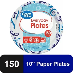 Great Value Everyday Strong, Soak Proof, Microwave Safe, Disposable Paper Plates, 10", Patterned, 150 Count