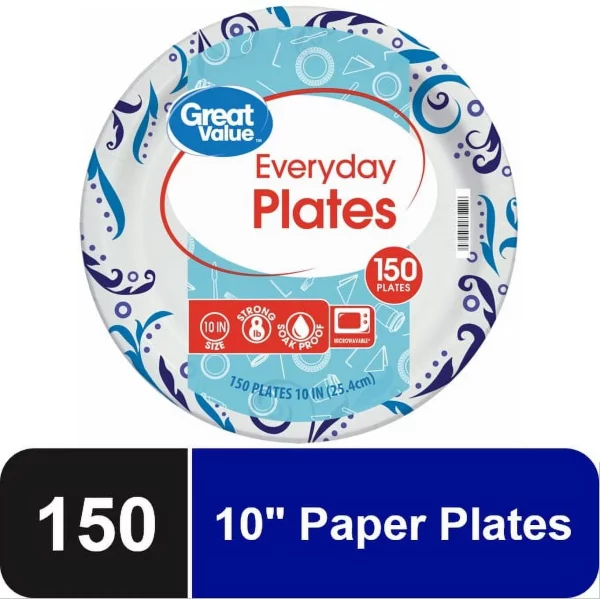 Great Value Everyday Strong, Soak Proof, Microwave Safe, Disposable Paper Plates, 10", Patterned, 150 Count