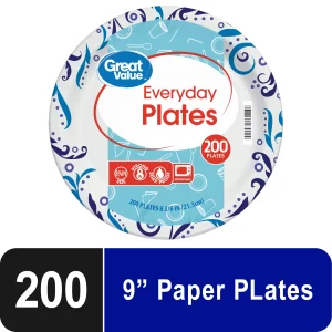 Great Value Everyday Strong, Soak Proof, Microwave Safe, Disposable Paper Plates, 10", Patterned, 200 Count
