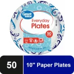 Great Value Everyday Strong, Soak Proof, Microwave Safe, Disposable Paper Plates, 10", Patterned, 50 Count
