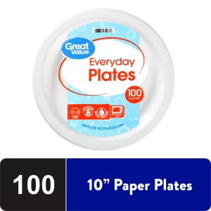 Great Value Everyday Strong, Soak Proof, Microwave Safe, Disposable Paper Plates, 10", White, 100 Count