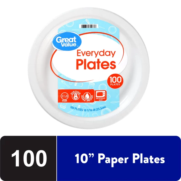 Great Value Everyday Strong, Soak Proof, Microwave Safe, Disposable Paper Plates, 10", White, 100 Count