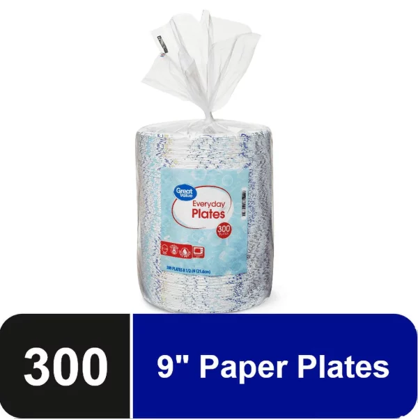 Great Value Everyday Strong, Soak Proof, Microwave Safe, Disposable Paper Plates, 9", Patterned, 300 Count