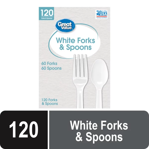 Great Value Everyday White Disposable Plastic Forks & Spoons, White, 120 Count
