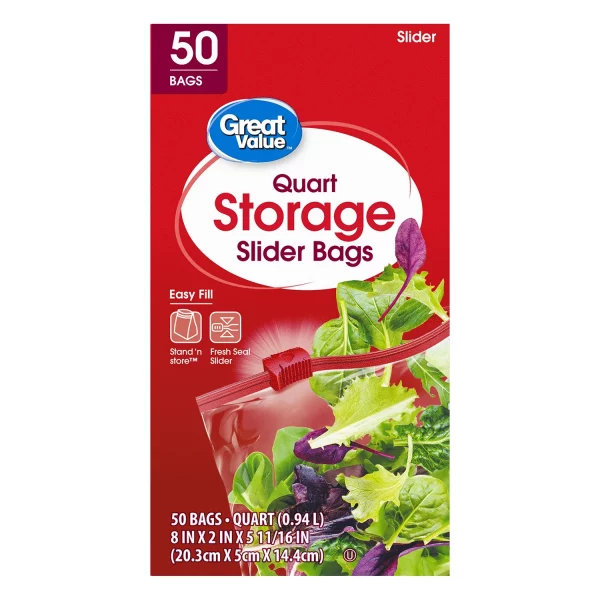 Great Value Fresh Seal Slider Zipper Bags, Quart Storage, 50 Count
