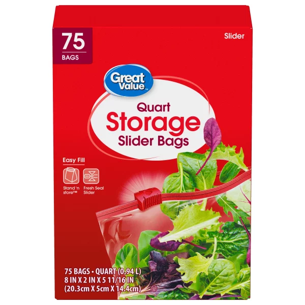Great Value Fresh Seal Slider Zipper Bags, Quart Storage, 75 Count
