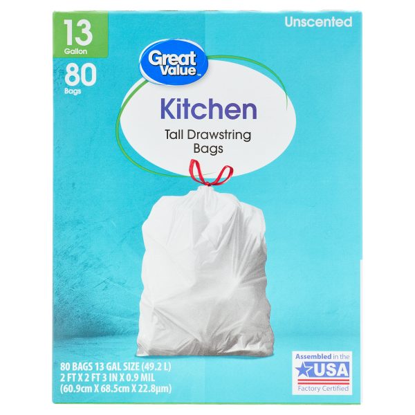Great Value Kitchen Tall Drawstring Bags, 13 Gallon, 80 Count