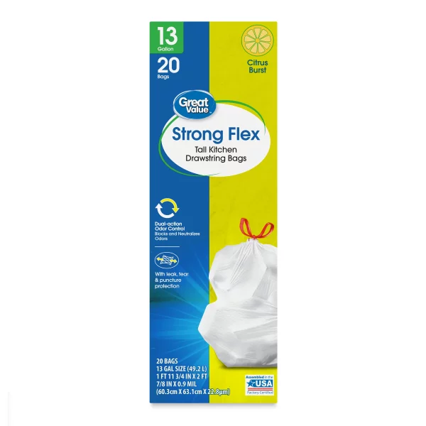 Great Value Strong Flex 13-Gallon Drawstring Tall Kitchen Trash Bags, Citrus Burst, 20 Count