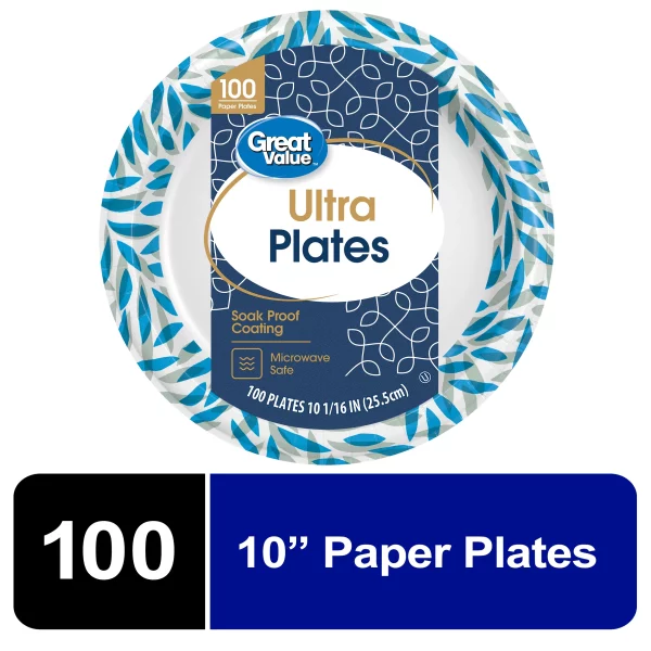 Great Value Ultra Disposable Paper Dinner Plates, White, 10 inch, 100 Plates, Patterned