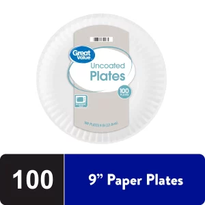 Great Value Uncoated, Microwave Safe, Disposable Paper Plates, 9", White, 100 Count