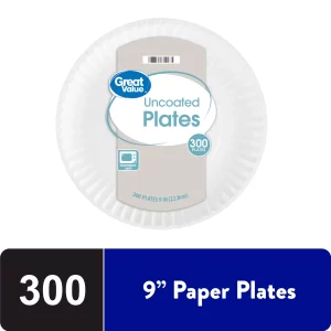 Great Value Uncoated, Microwave Safe, Disposable Paper Plates, 9", White, 300 Count