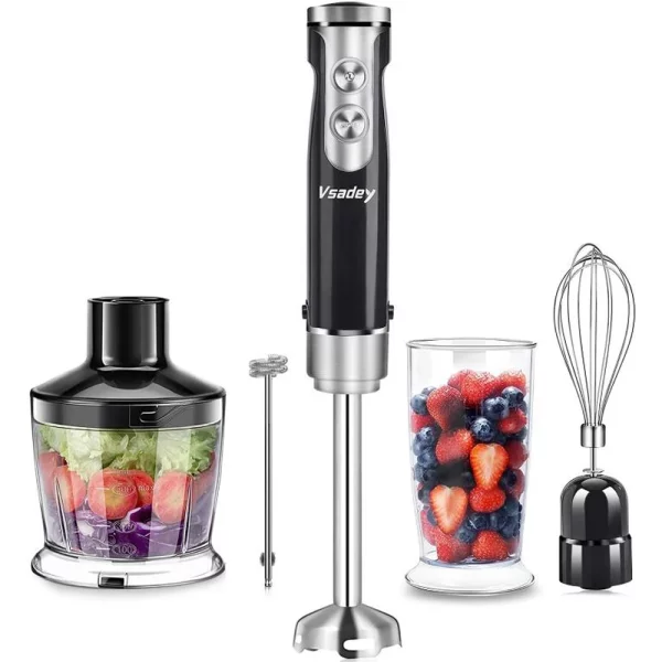 Hand Blender Set 500W 5-in-1 Immersion Stick Blender with 500ml Food Processor, 600ml Beaker, Egg Whisk, Milk Frother Whisk - 9 Speeds, Turbo Button, Lightweight, BPA-Free, Black