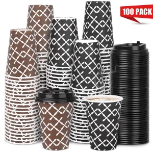 Paper Cups, Disposable Paper Coffee Cups with Lids for Hot Coffee, 12 oz, 100 Count