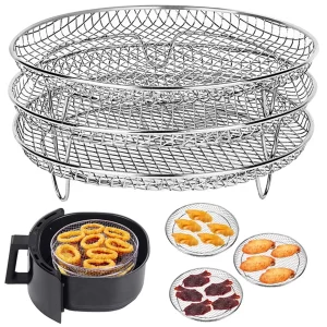 Round Air Fryer Basket Stainless Steel Air Fryer Accessories Air Fryer Racks Three Layer Stackable Dehydrator Racks Fit for 4.2Qt, 5.3Qt, 5.5Qt, 5.8Qt, 6.8Qt Air Fryer