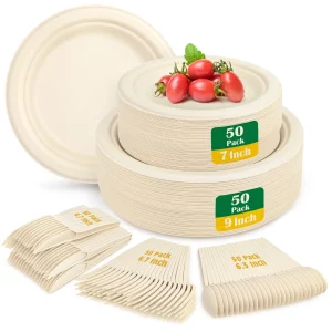 Treamon 7" 9" Disposable Round Paper Plates Set, Compostable Plate Sugarcane Utensils Dinnerware Kit, 250 Pack