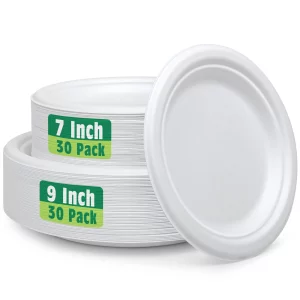 Treamon 7 in 9 in Disposable White Paper Plates, Compostable Heavy Duty Paper Plates, 60 Count