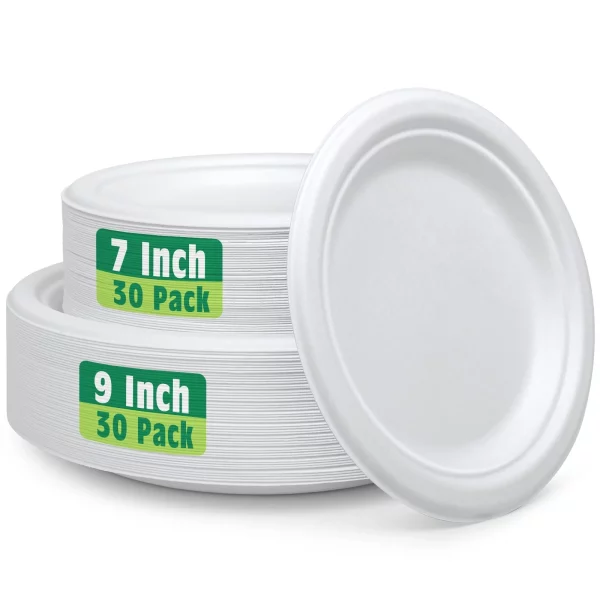 Treamon 7 in 9 in Disposable White Paper Plates, Compostable Heavy Duty Paper Plates, 60 Count