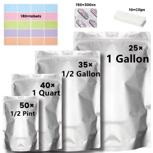 Wattne 150 Pack Mylar Bags for Food Storage with Oxygen Absorbers, Large Mylar Bags 1 Gallon 10x14, 7x11, 6x9, 4x6 (Silver)