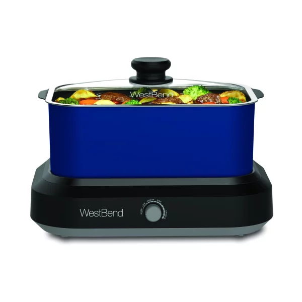 West Bend 87905B Large Capacity 5-Quart Non-Stick Versatility Cooker with 5 Different Temperature Control Settings Dishwasher Safe Includes A Travel Lid & Thermal Carrying Case, Blue
