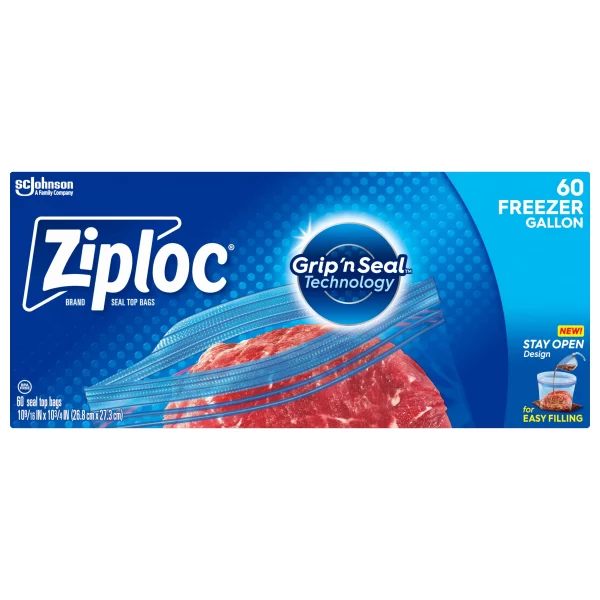 Ziploc® Brand Freezer Bags with New Stay Open Design, Gallon, 60, Patented Stand-up Bottom, Easy to Fill Freezer Bag, Unloc a Free Set of Hands in the Kitchen, Microwave Safe, BPA Free