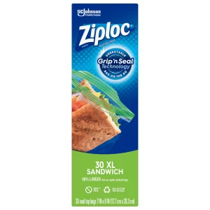 Ziploc Brand Sandwich Bags XL with Grip 'n Seal Technology, 30 Count