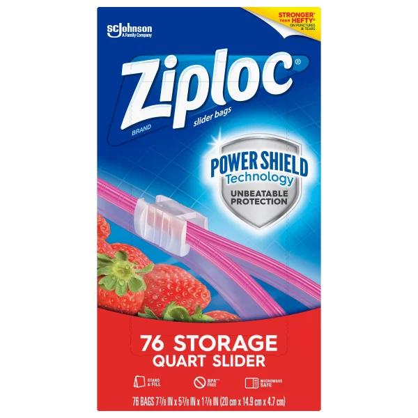 Ziploc Brand Slider Storage Quart Bags with Power Shield Technology, 76 Count