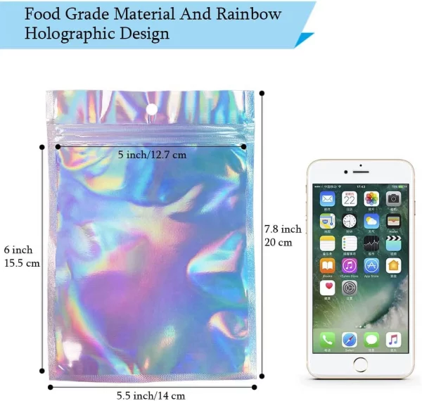 50pcs Holographic Foil Ziplock Bags 6x9 Inch, Small Mylar Sample Bags Aluminum Foil Packaging Plastic Ziplock Bag For Packaging Candy Jewelry Lash Lip Gloss