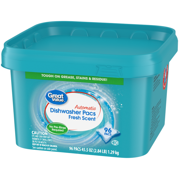 Great Value Pacs Dishwasher Detergent Pods, Clean and Fresh Scent, 45.5 Ounce, 96 Count