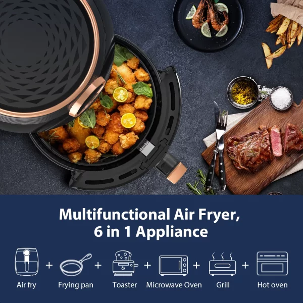 Rozmoz 5.2Qt Air Fryer, 8 Preset Oil-Less Frying Modes, Quickly Heating with Air Fryer Cookbook, Black