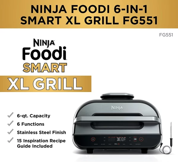 Ninja FG551 Foodi Smart XL 6-in-1 Indoor Grill with 4-Quart Air Fryer Roast Bake Dehydrate Broil and Leave-in Thermometer, with Extra Large Capacity, and a stainless steel Finish
