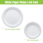 Treamon 7 in 9 in Disposable White Paper Plates, Compostable Heavy Duty Paper Plates, 60 Count
