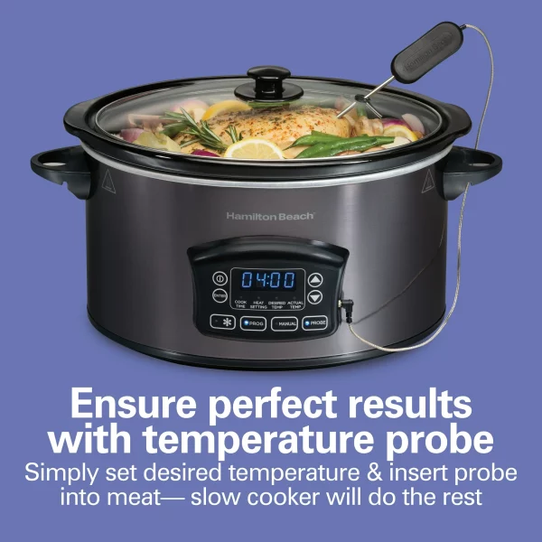 Hamilton Beach Programmable Defrost Slow Cooker, 6 Quart Capacity, Temperature Probe, Removable Crock, Black, 33768