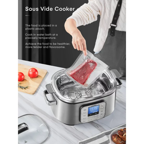 Slow Cooker, 10 in 1 Programmable Cooker, 6Qt Stainless Steel, Rice Cooker, Yogurt Maker, Delay Start, Steaming Rack and Glass Lid, Adjustable Temp&Time for Slow Cook with Digital Timer
